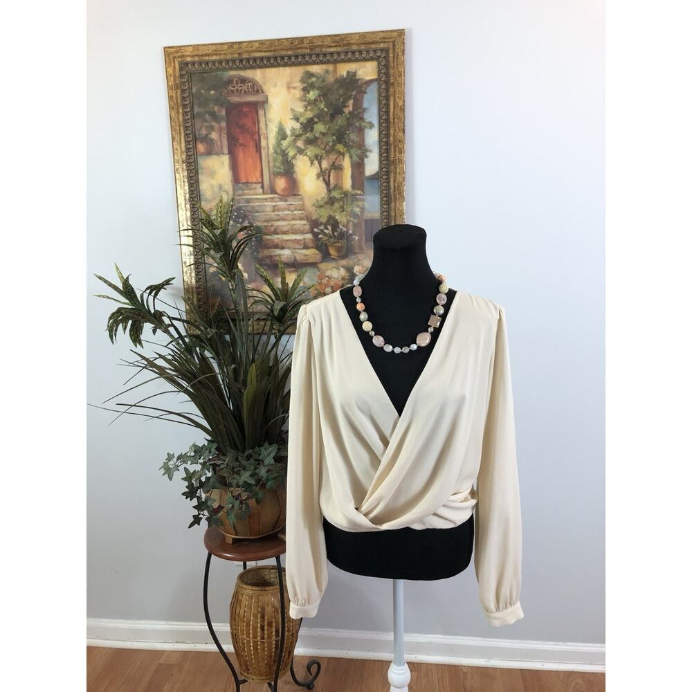 Forever 21 Women Top Large Wrap Deep Drape Neck Rose Lagenlook Artsy Long Sleeve